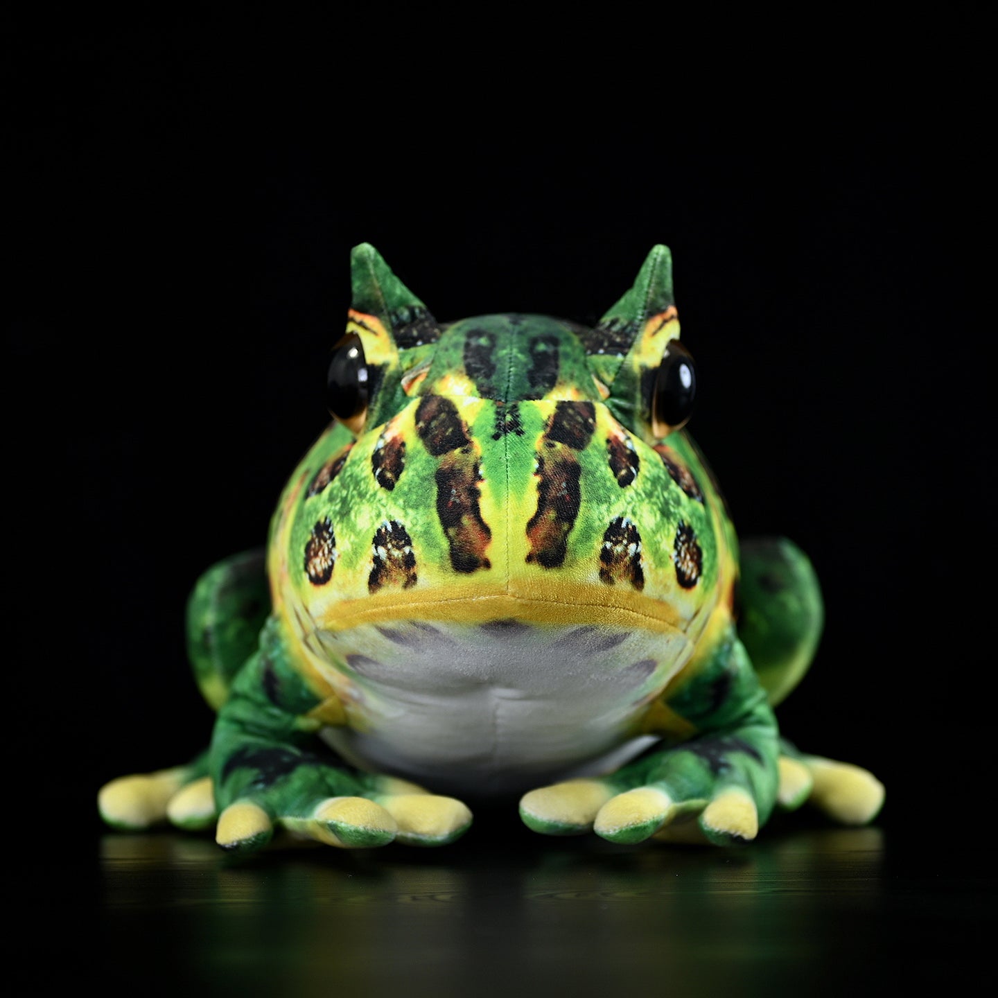 Front view of lifelike Pacman Frog Plush showcasing realistic Argentine horned frog details and wide mouth