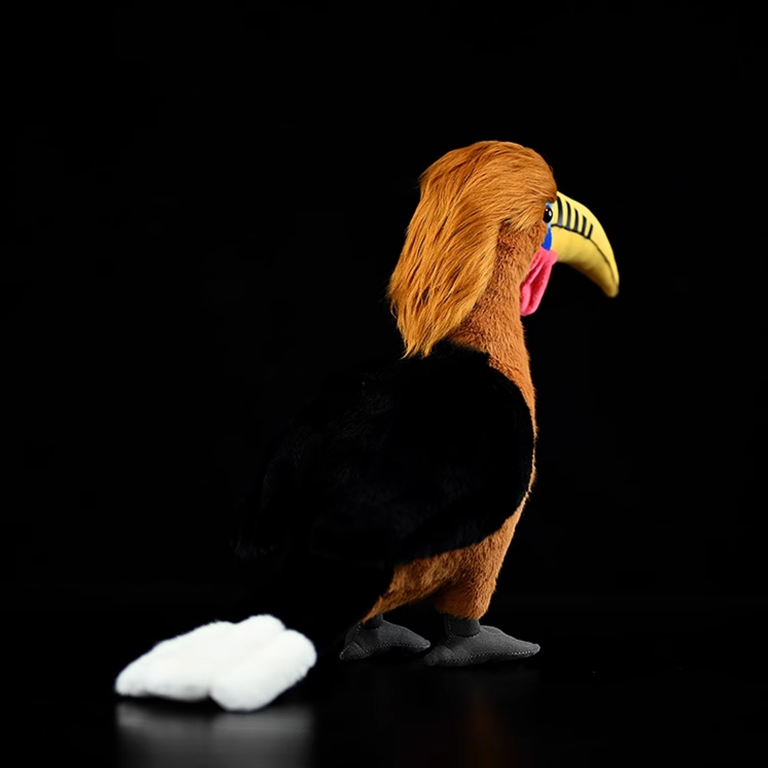 Back view of a Rufous-necked Hornbill stuffed toy with a detailed beak and white-tipped tail by SoftDaysLab