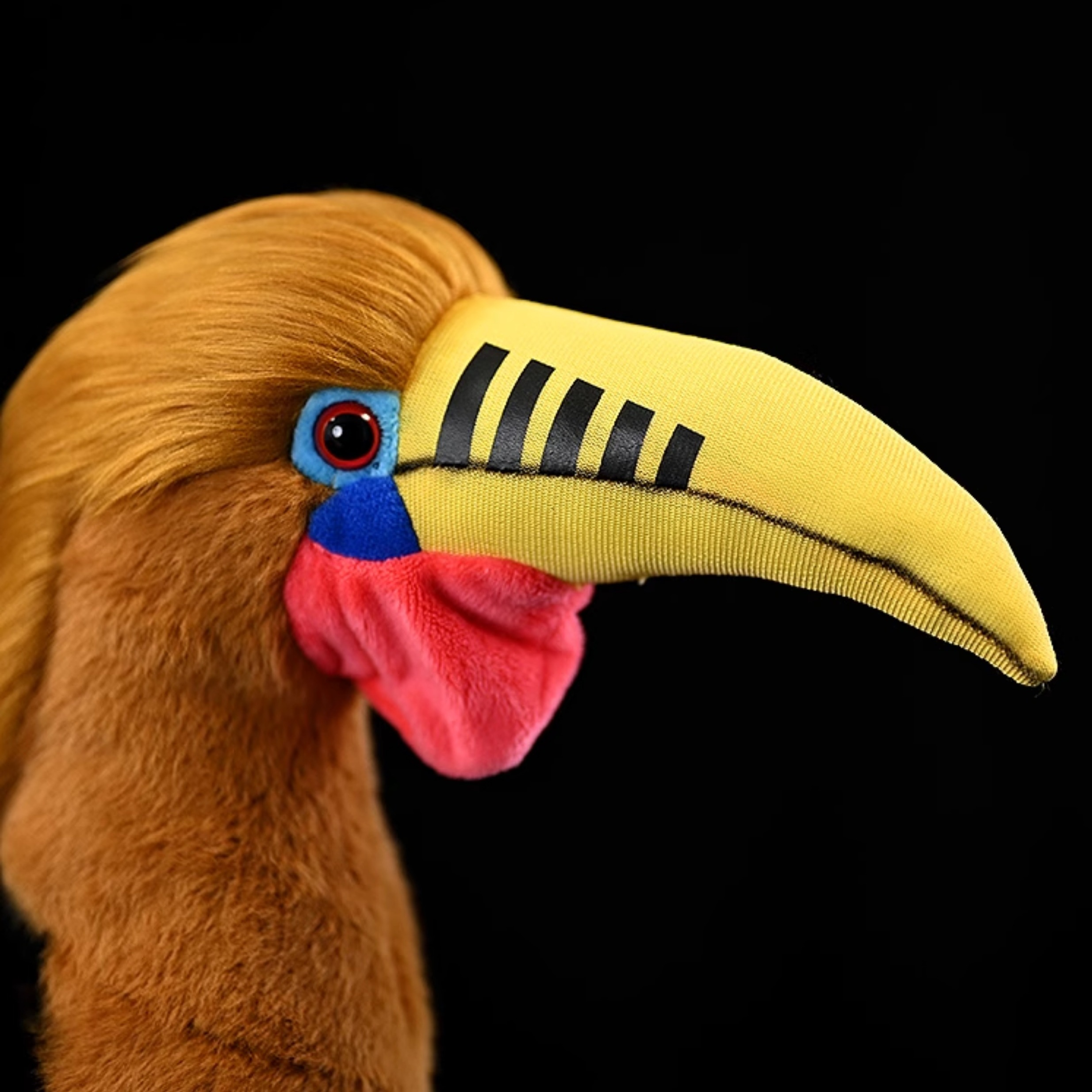 Highlight of the Rufous-necked Hornbill plush toy’s vibrant yellow beak with striking black ridges