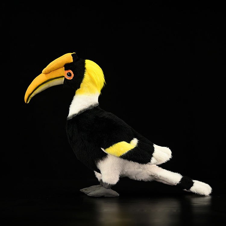 Side view of Great Hornbill stuffed bird, ultra-realistic plush toy showcasing vibrant colors and soft texture