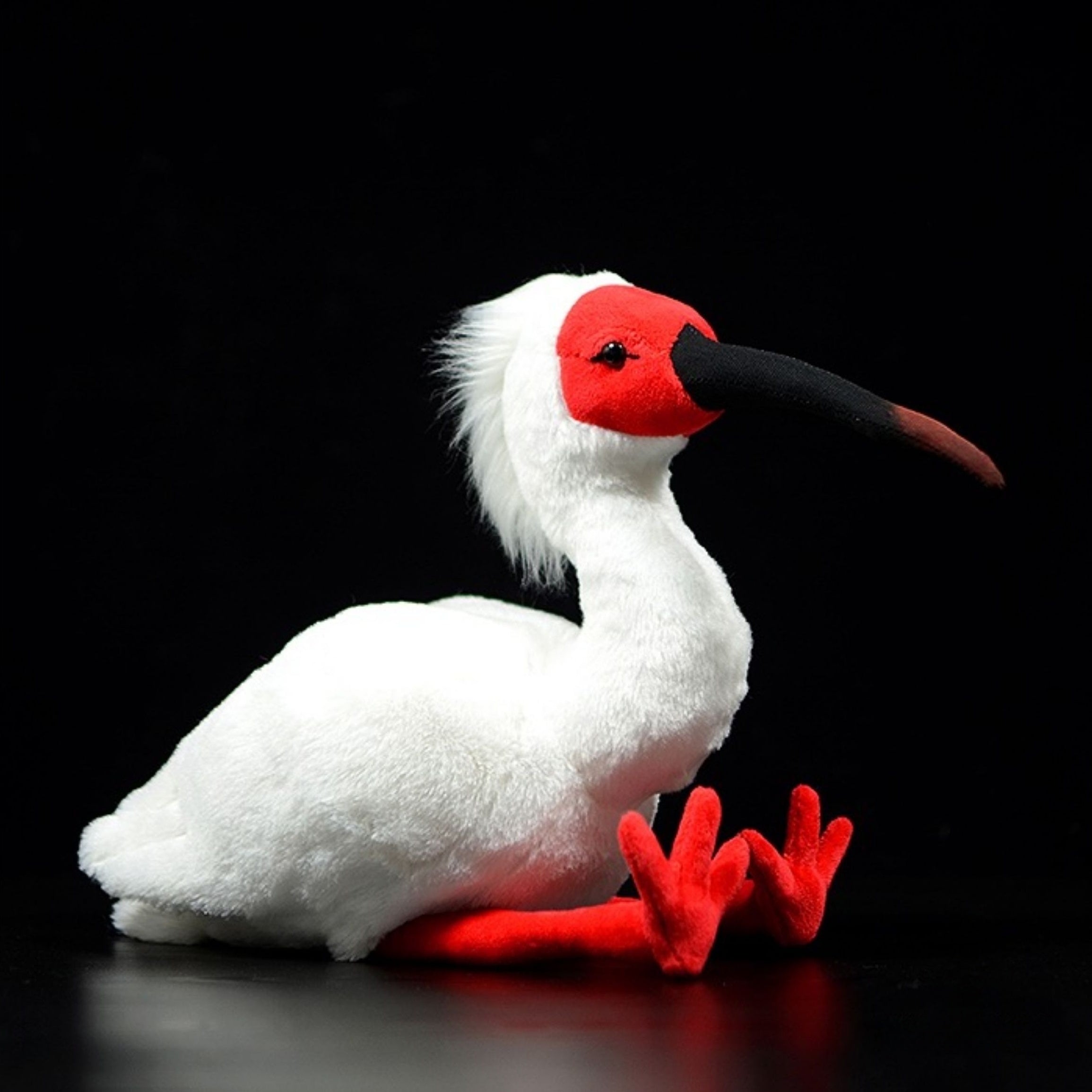 Lifelike Asian crested ibis plush toy with red face and curved beak by SoftDaysLab, perfect for nature lovers