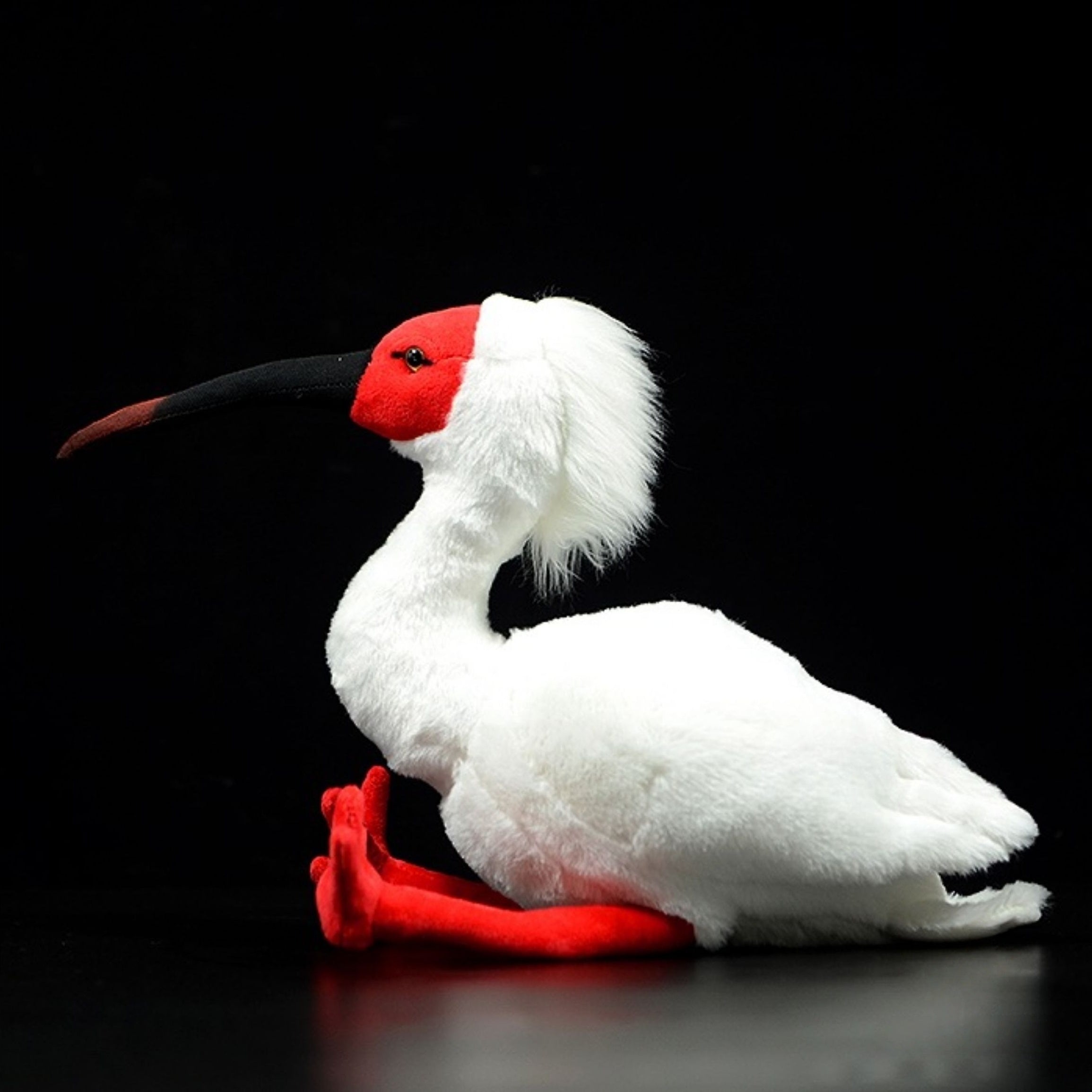 Side profile of Asian crested ibis plush with elegant design and lifelike features, created by SoftDaysLab