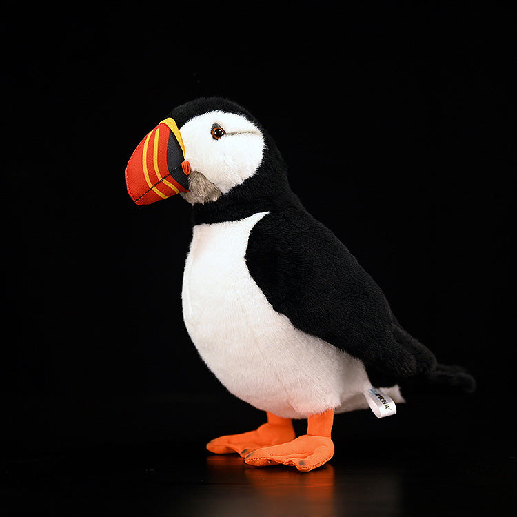 Realistic Atlantic puffin plush toy with vibrant orange beak and feet