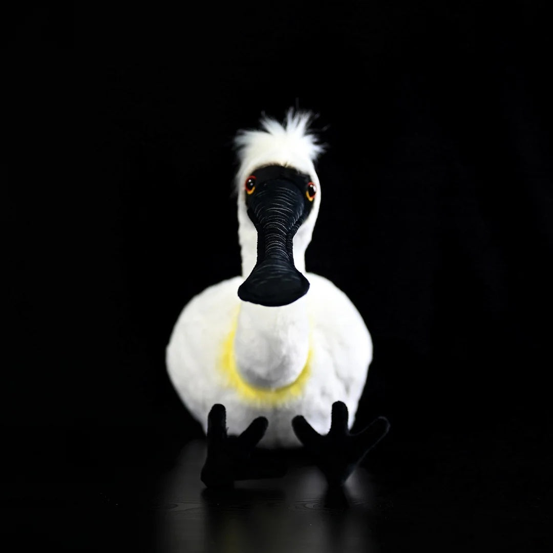 Front view of the Black-faced Spoonbill Plush Toy showing its distinctive spoon-shaped black bill