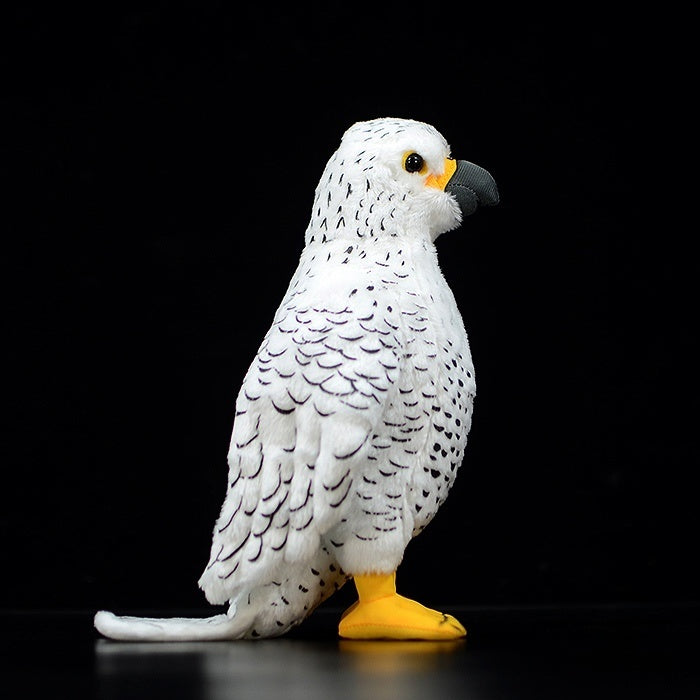Side profile of a soft white gyrfalcon plush toy, featuring intricate feather designs by SoftDaysLab