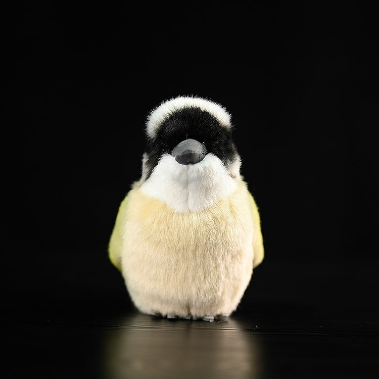 Front view of a lifelike light-vented bulbul plush toy with adorable and chubby features