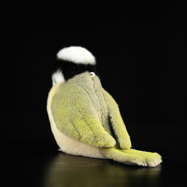 Back view of a realistic light-vented bulbul plush toy, highlighting its soft feathers and tail
