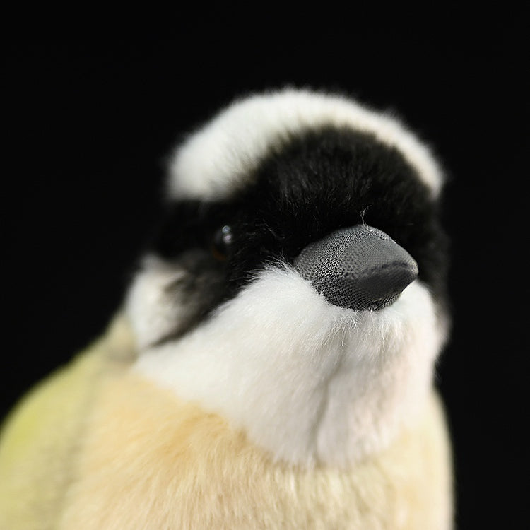 Close-up of the light-vented bulbul plush's face, highlighting its lifelike beak and detailed eyes