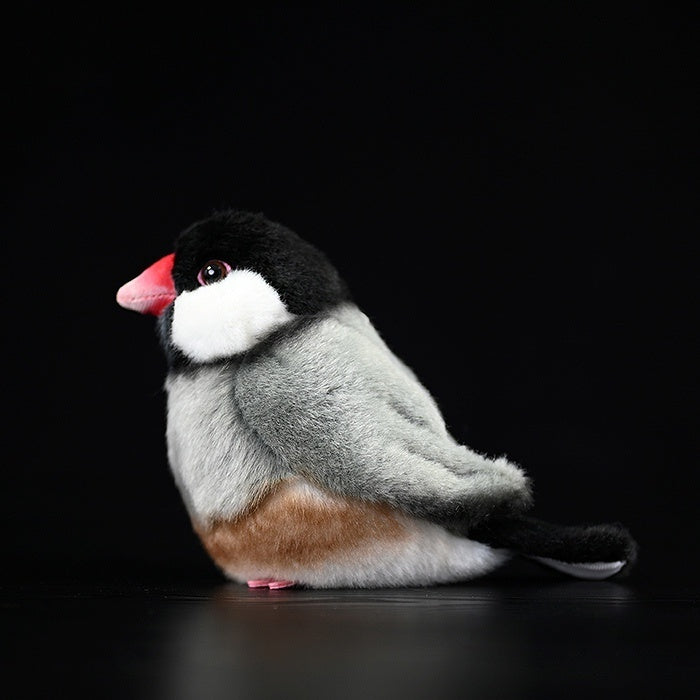Side view of the Java Sparrow bird plush highlighting its sleek profile and realistic design