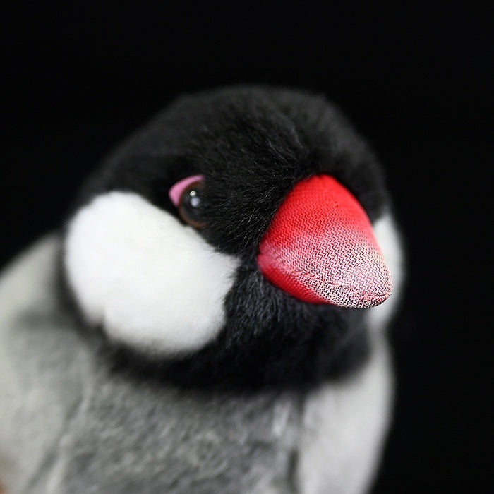 Close-up of Java Sparrow bird plush, featuring detailed red beak and white cheek patches