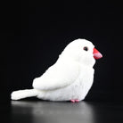 Side view of White Java Sparrow bird plush showing natural pose and lifelike details with hanging loop