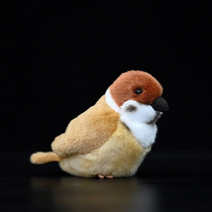 Side view of a cute Tree Sparrow bird plush by SoftDaysLab, featuring realistic markings and details