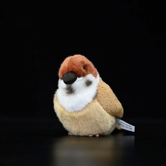 Front view of a chubby Tree Sparrow plush toy with a lifelike design, soft texture, and round shape