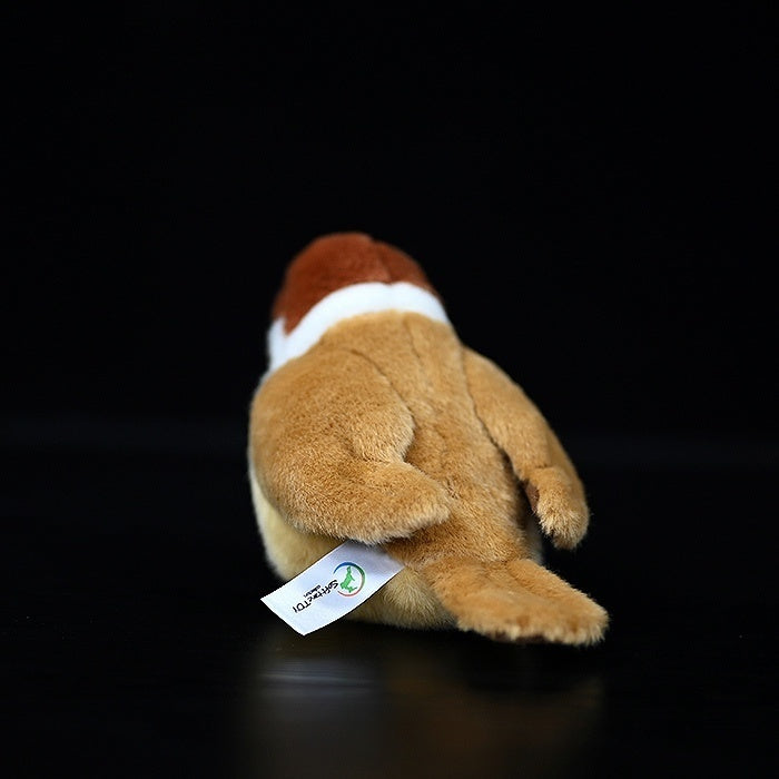 Back view of a Tree Sparrow plush toy by SoftDaysLab, showcasing its brown tones and natural tail