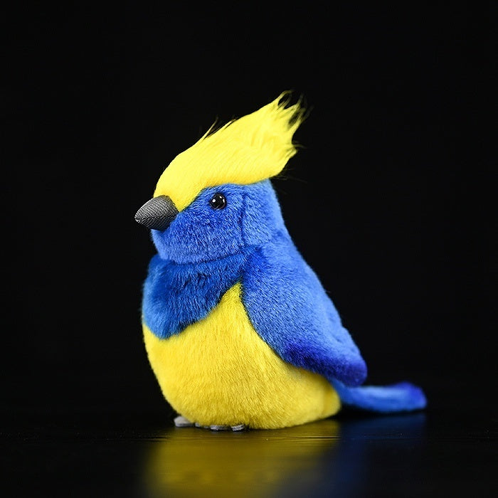Adorable Sultan Tit Plush Toy by SoftDaysLab, featuring vibrant blue and yellow colors with a lifelike crest