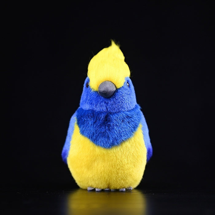 Front view of a Sultan Tit Plush Toy with realistic details, soft texture, and bright colors