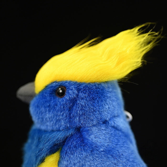 Profile view of Sultan Tit Plush Toy, showing its realistic black beak and lifelike plush features