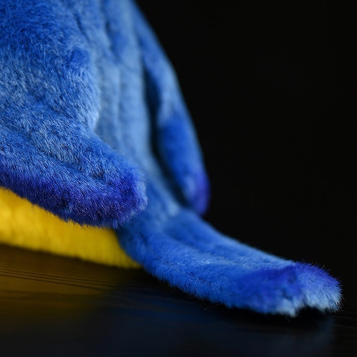 Close-up of the Sultan Tit Plush Toy’s soft blue tail, designed with lifelike attention to detail
