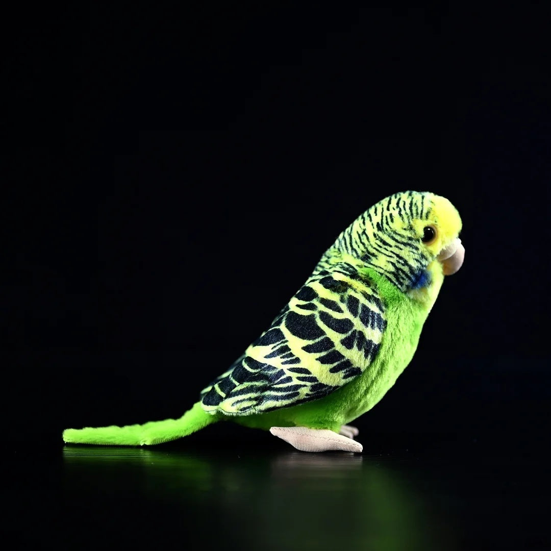 Side profile of the Budgerigar Plush Toy showcasing detailed black and green feather patterns
