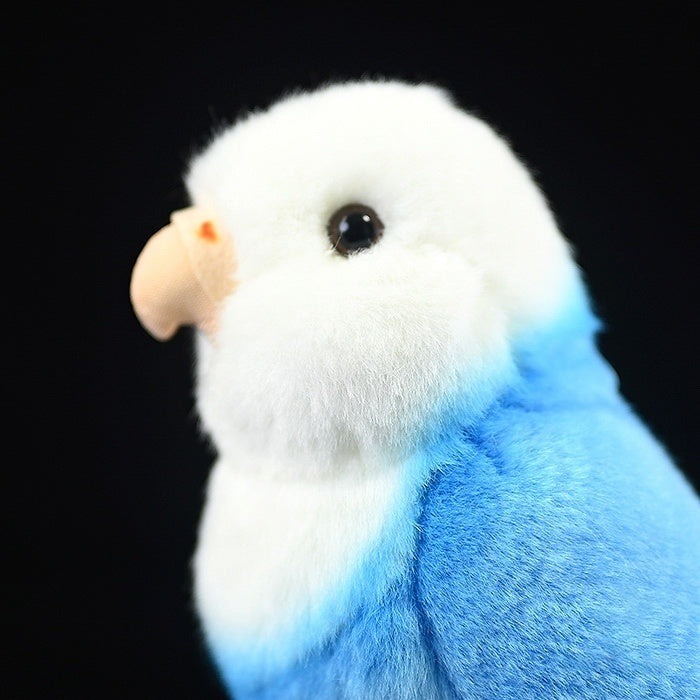 Close-up of the Blue Lovebird plush toy’s face, showcasing its soft beak and lifelike details