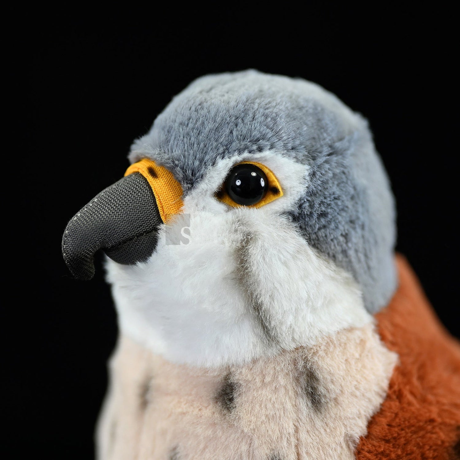 Close-up of Eurasian Kestrel Plush Toy's face, showing its lifelike beak, eyes, and soft facial details