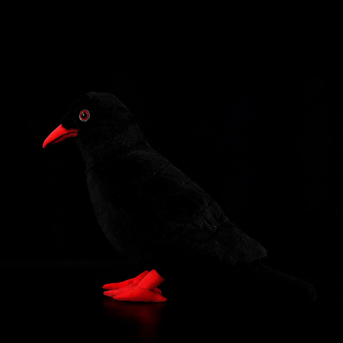 Lifelike Red-Billed Chough bird plush toy featuring detailed red beak and soft, glossy black plumage