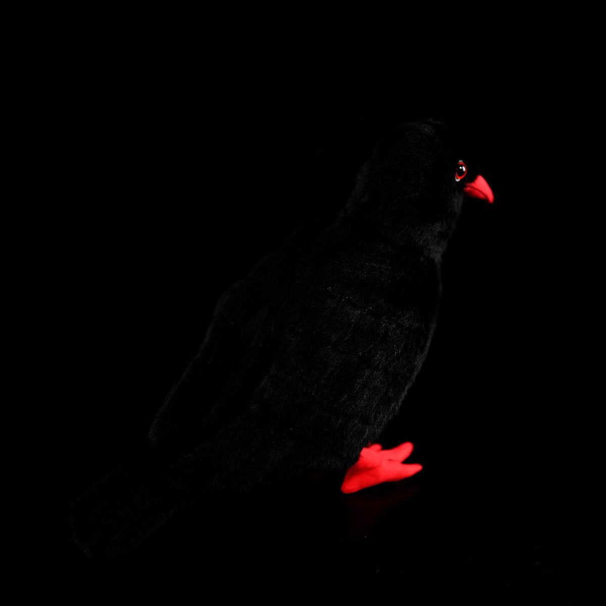 Plush toy of a Red-Billed Chough bird with lifelike red legs and a curved red beak, ideal for gifts