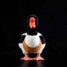 Front view of common shelduck plush toy featuring lifelike orange beak and soft, colorful feathers