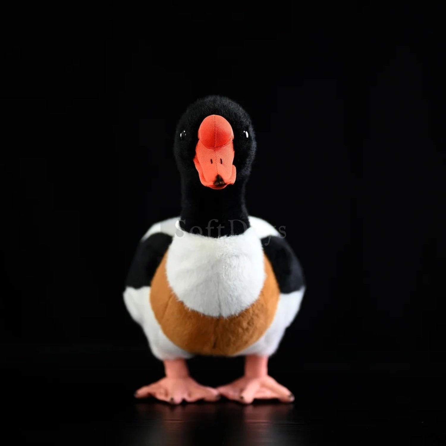 Front view of common shelduck plush toy featuring lifelike orange beak and soft, colorful feathers