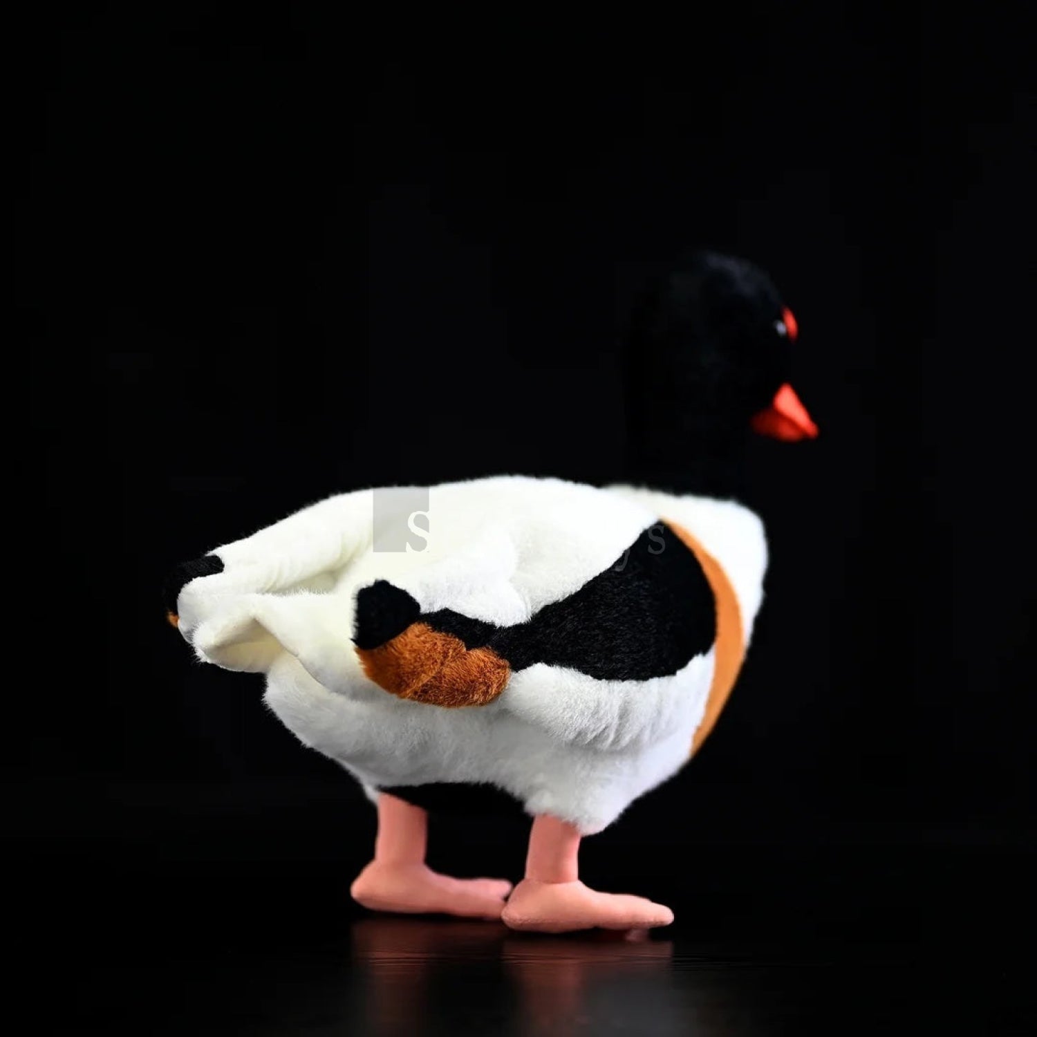 Realistic common shelduck stuffed toy with fluffy tail, soft materials, and charming orange feet