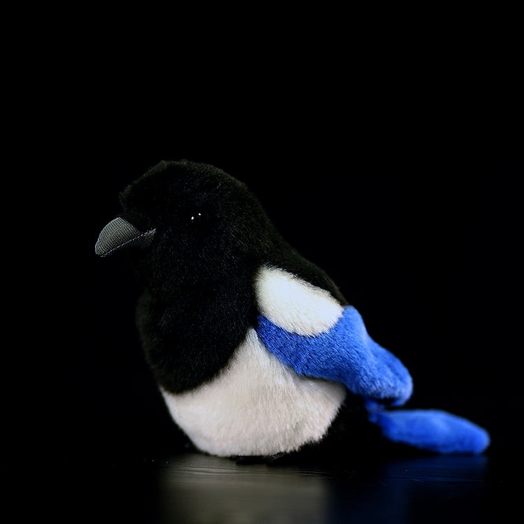 Lifelike black-billed magpie plush toy, featuring vibrant blue wings and a chubby design, perfect for bird lovers