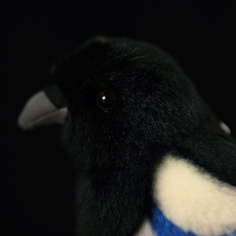 Detailed side view of the black-billed magpie plush toy's face, emphasizing its lifelike eye and soft black feathers