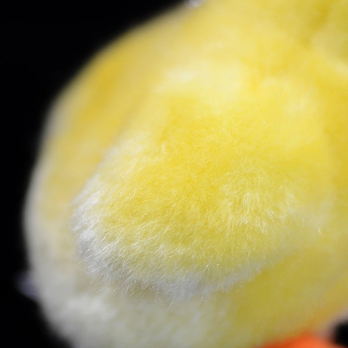 Close-up of the fluffy yellow fur of the chick plush toy, highlighting its soft texture and premium quality