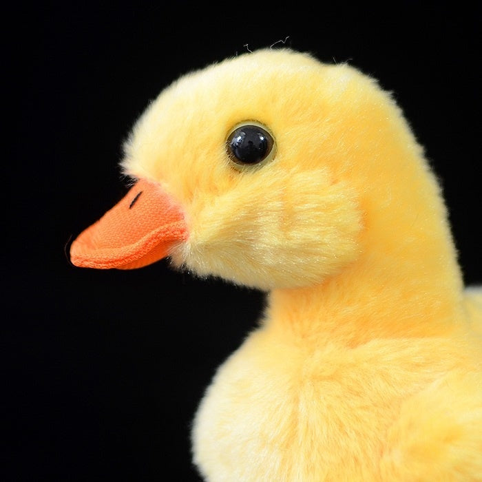 Detailed side view of Pekin Duckling Plush Toy, focusing on its cute button eyes and realistic features