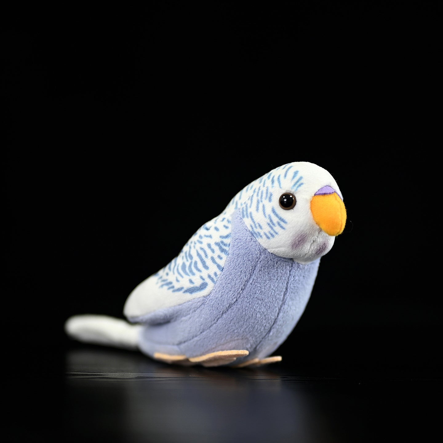 Realistic violet budgerigar plush toy, side view with lifelike details and vibrant design