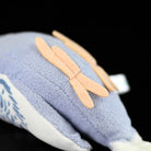 Bottom view of a violet budgerigar plush toy, showing its soft feet and quality craftsmanship