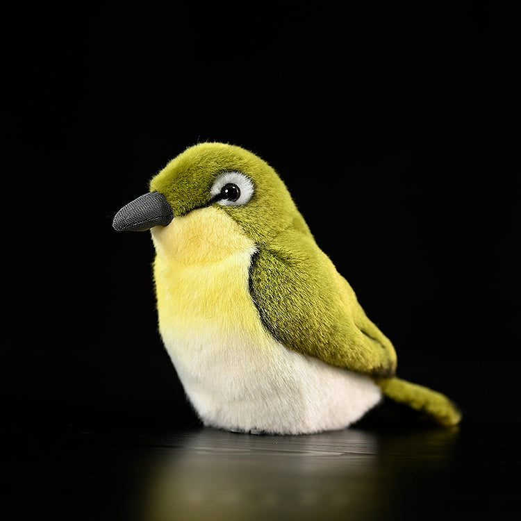 Adorable Warbling White-Eye bird plush toy by SoftDaysLab, showcasing its realistic details and vibrant colors