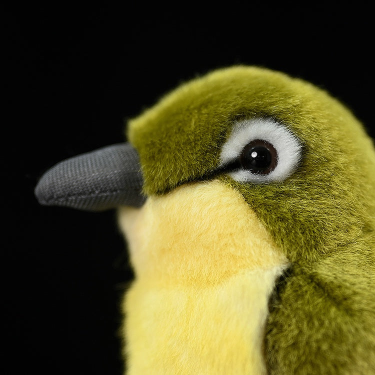 Close-up of the Warbling White-Eye plush toy’s face, highlighting its realistic eye and soft beak