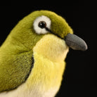 Angled view of the Warbling White-Eye plush toy, showing its lifelike features and fluffy texture