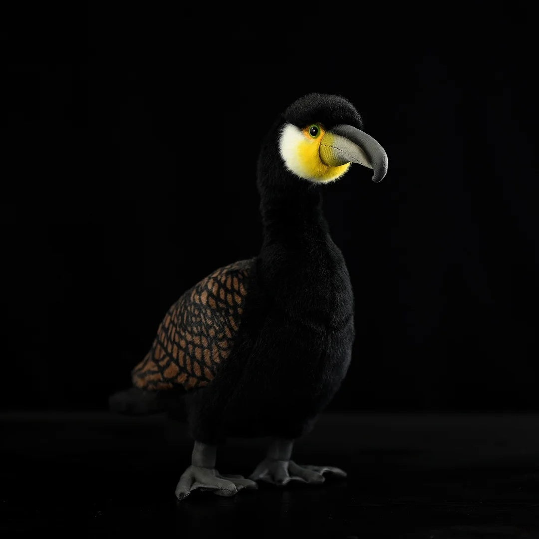 Front-left view of a lifelike Great Cormorant plush toy by SoftDaysLab, featuring detailed craftsmanship