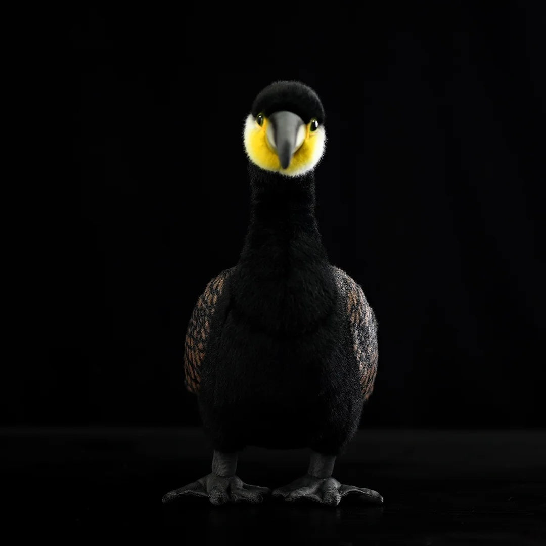 Front view of a Great Cormorant plush toy by SoftDaysLab, showcasing lifelike design and soft materials