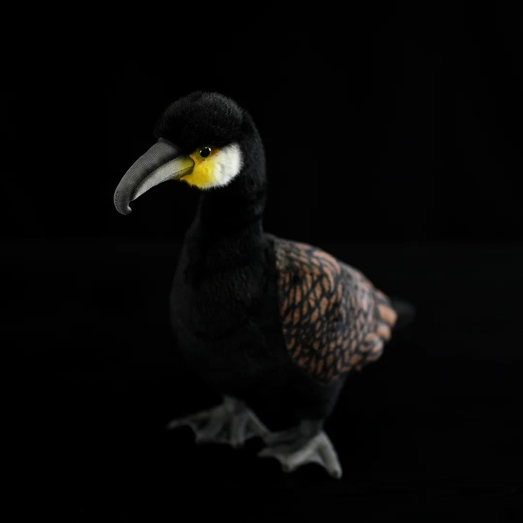 Right-front angle of a Great Cormorant stuffed animal with vibrant colors and a lifelike appearance