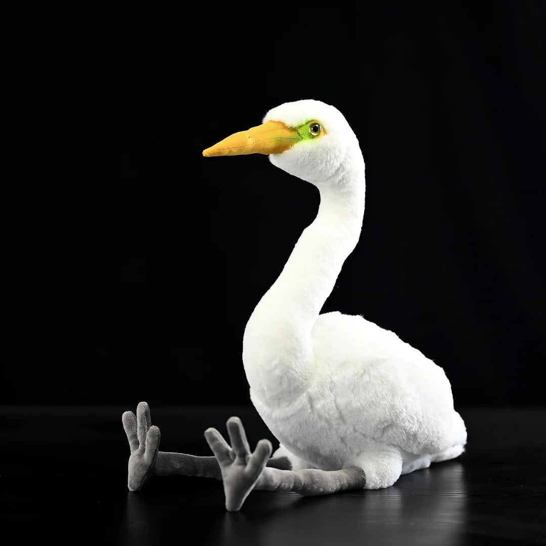 Great White Egret plush toy in a natural sitting pose, featuring realistic bill and legs by SoftDaysLab