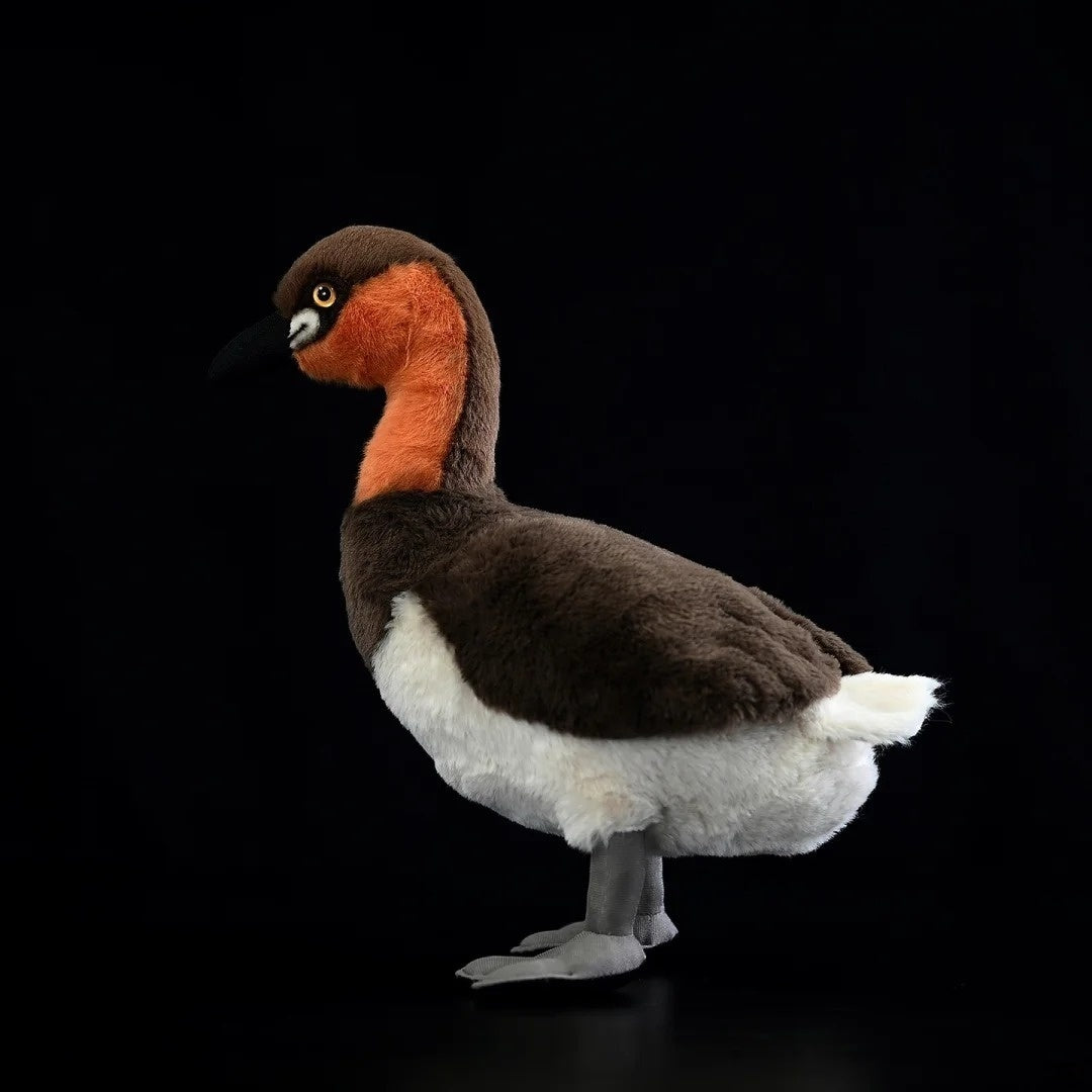 Side profile of Little Grebe stuffed bird toy showcasing its detailed brown and orange plumage