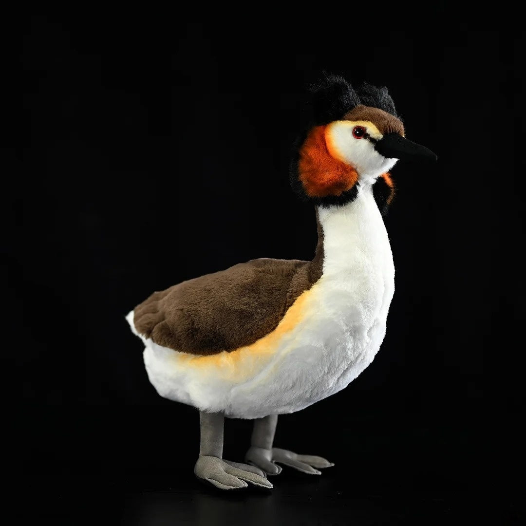Realistic Great Crested Grebe plush toy with detailed black crest and vibrant orange-brown cheeks by SoftDaysLab