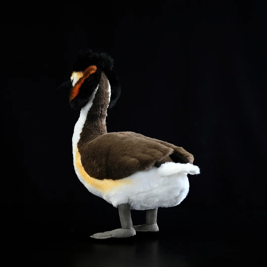 Rear angle of Great Crested Grebe plush, showing soft tail and elegant craftsmanship