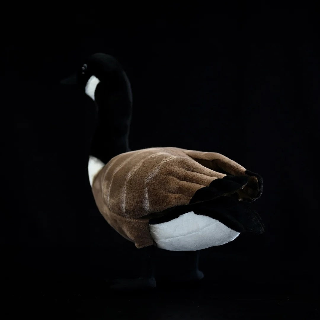 Back view of a Canada Goose plush toy, showcasing realistic feather patterns