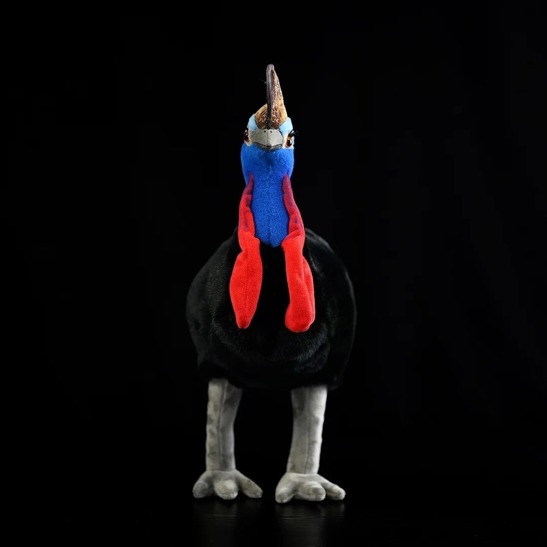Front view of a Southern Cassowary stuffed animal with detailed vibrant features