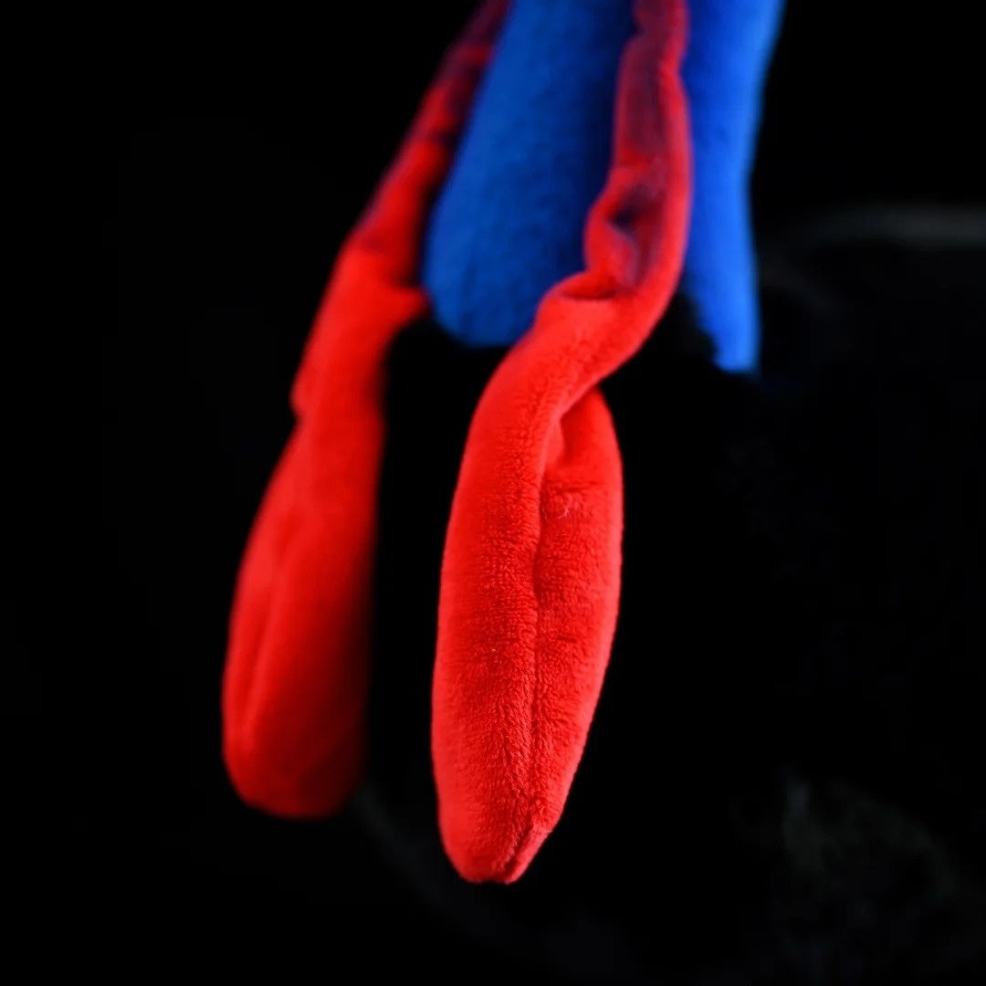 Zoomed-in view of the red wattles on a Southern Cassowary plush toy, highlighting realistic craftsmanship