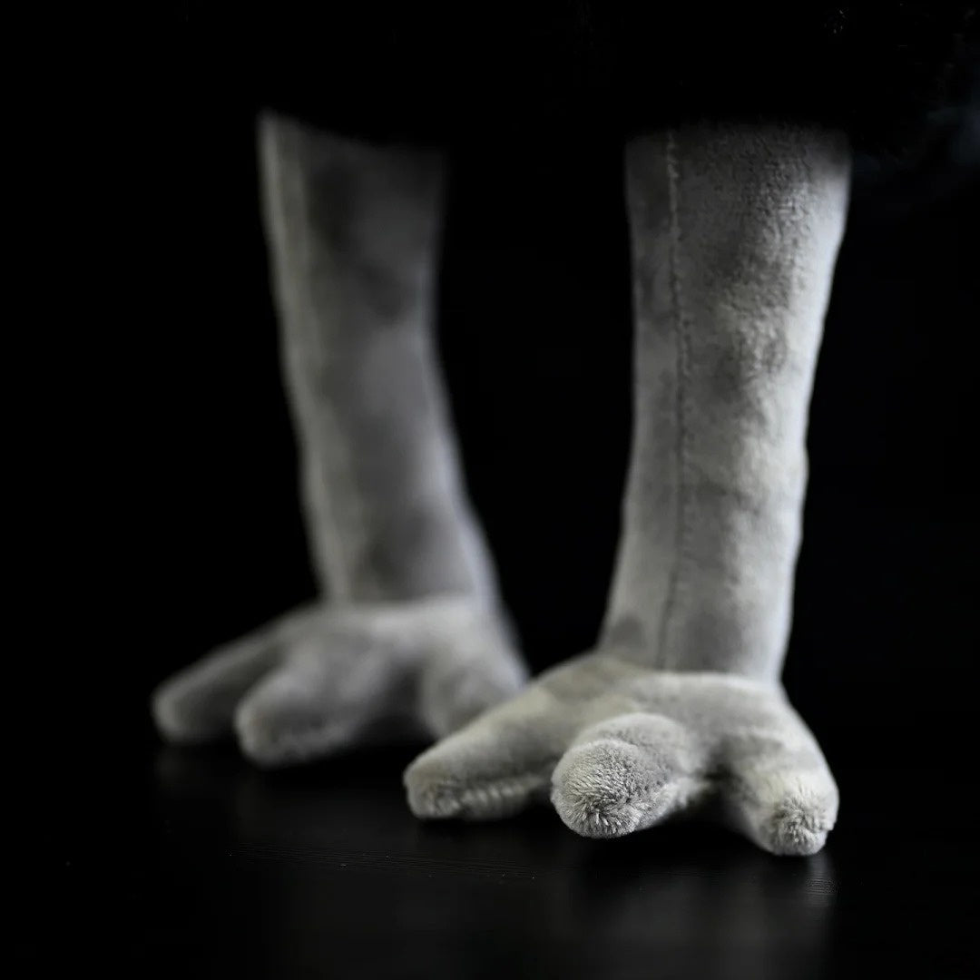 Close-up of the feet of a Southern Cassowary stuffed animal, showcasing realistic plush detailing